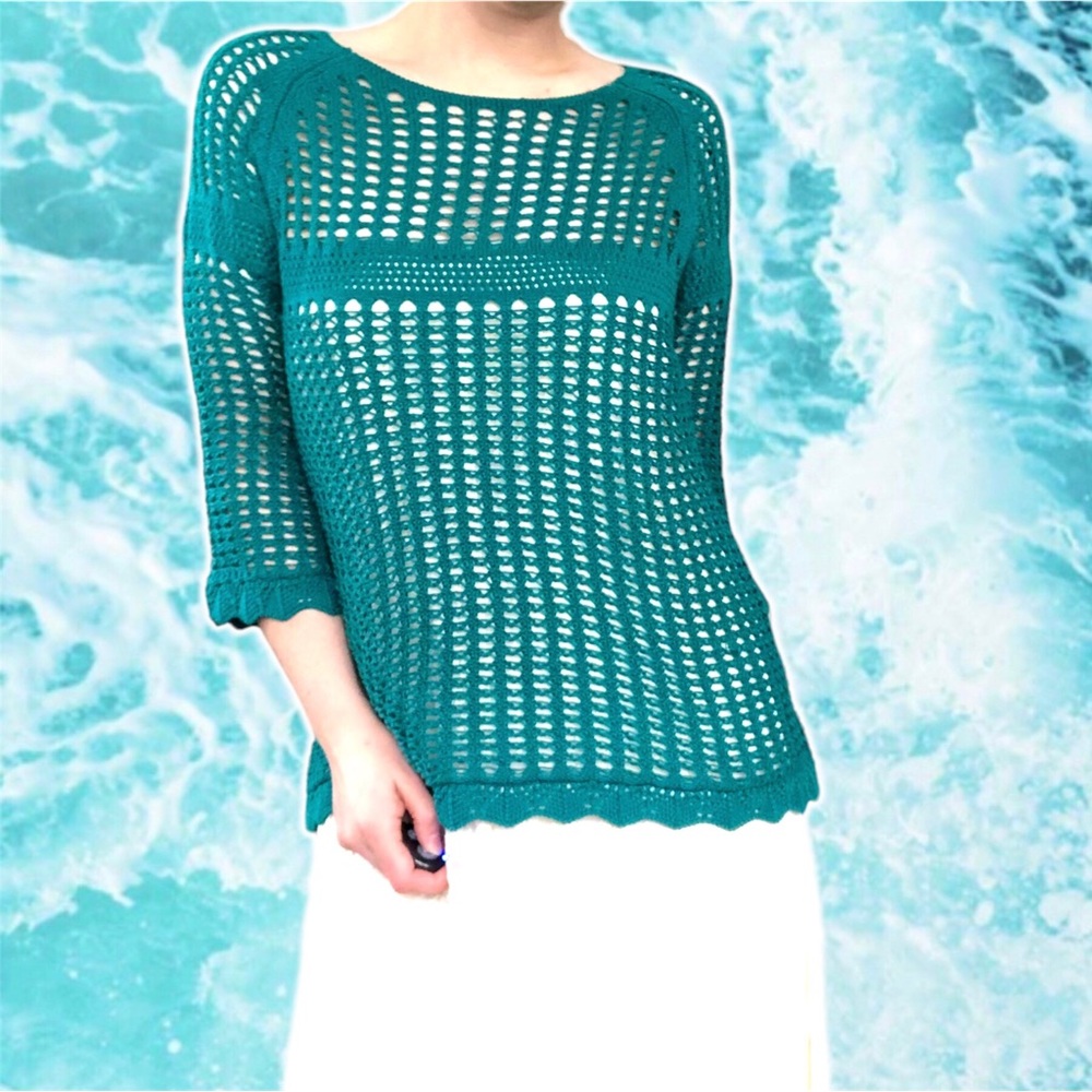 y2k Open-Knit Peacock Teal Crochet Tunic, Size Petite M